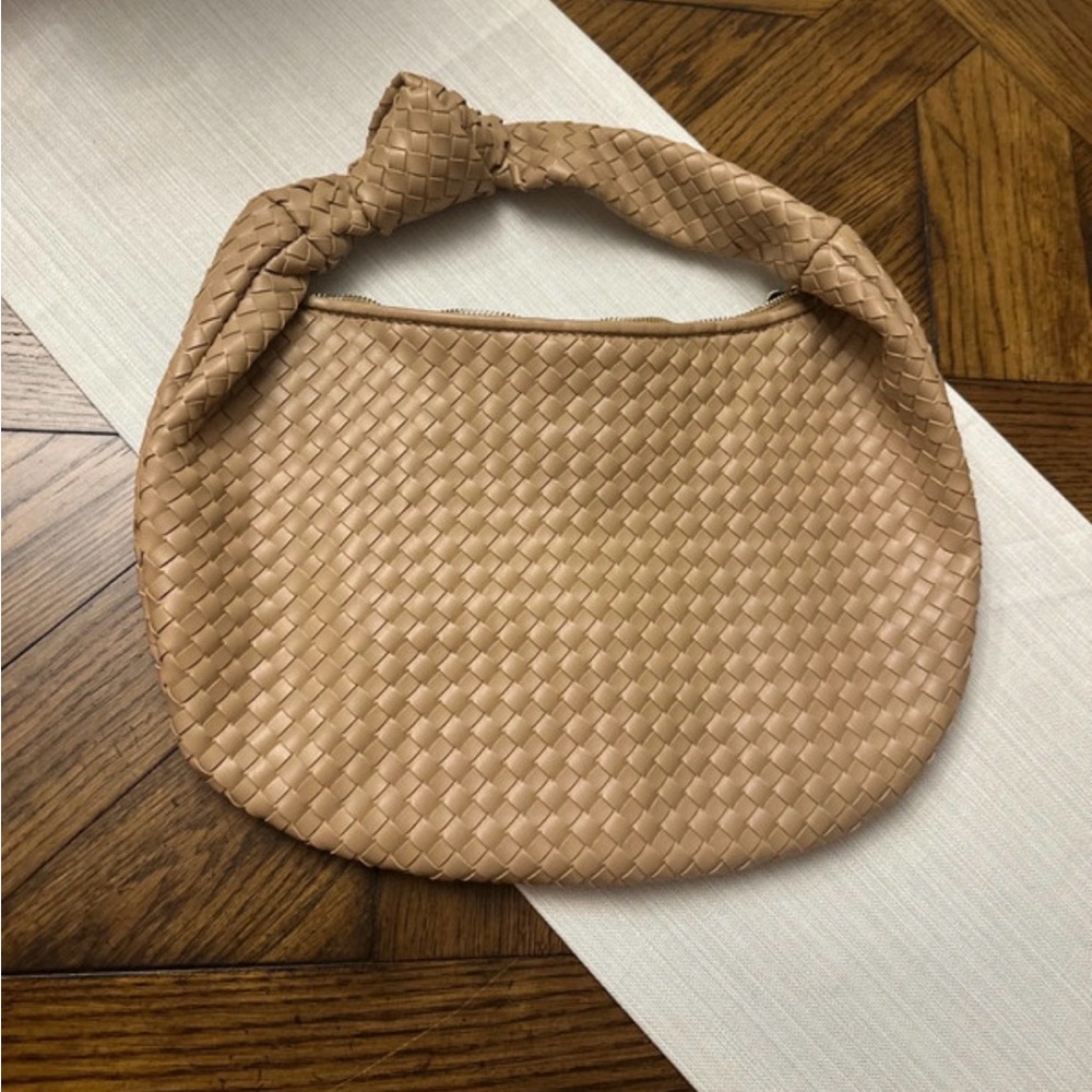 Woven Knot-Handle Shoulder Bag in Tan